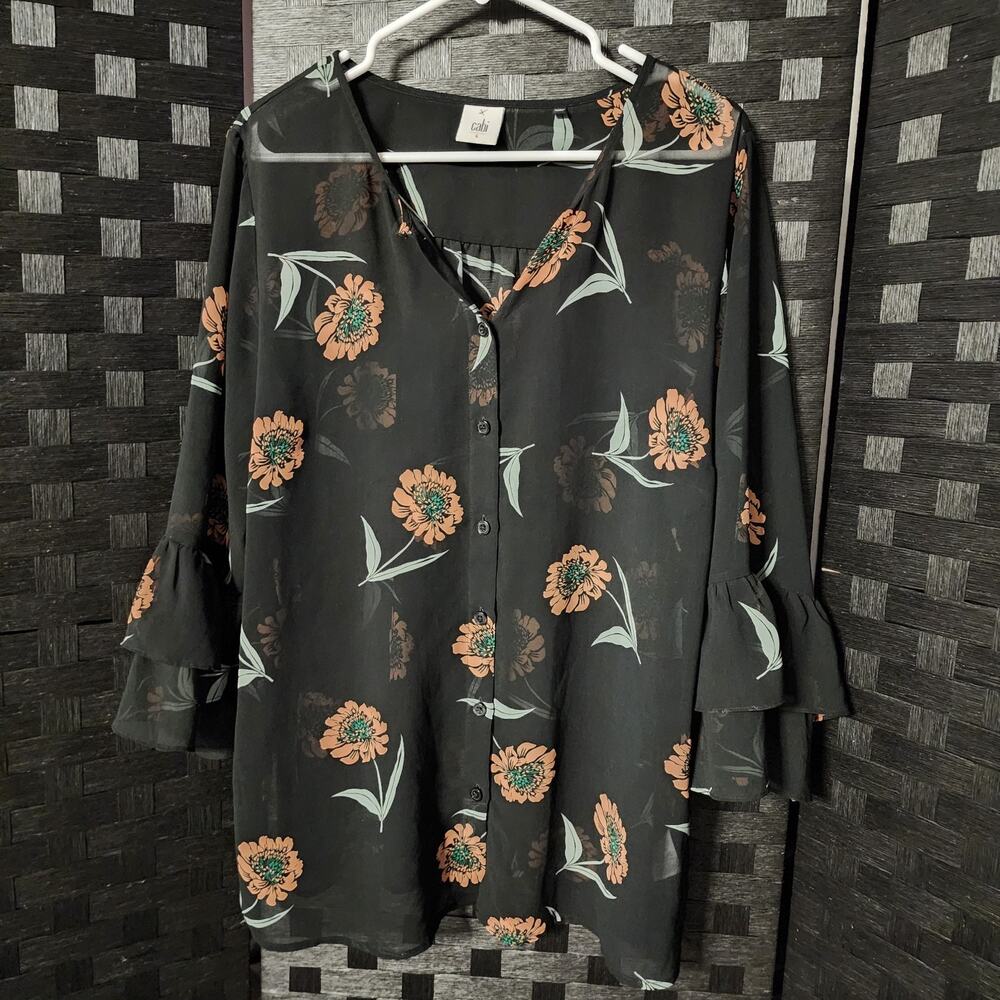 Cabi Women's Long-Sleeved Button-Down Blouse Size L Black Floral Semi-Sheer